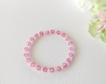 Swarovski Crystal Handmade Rose Pink Stretch Bracelet, Woman Bracelet, Girl Bracelet, Flower Girl Gift