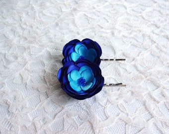 2 Handmade Cobalt Blue and Aqua Blue Satin Fabric Flowers Hair Pins, Shoe Clips, Baby Snap Clips