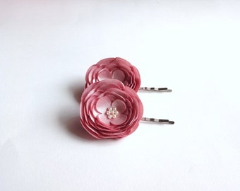2 Handmade Dusty Pink Satin Rose Hair Pins, Shoe Clips, Baby Snap Clips