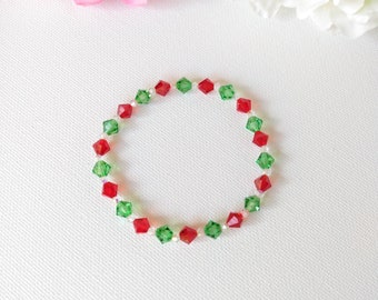 Swarovski Crystal Handmade Red and Green Christmas Stretch Bracelet, woman Bracelet, Girl Bracelet, Flower Girl Gift