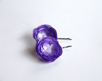 2 Lavender Purple Rose Satin Handmade Hair Pins, Shoe Clips, Baby Snap Clips