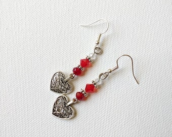 Hearts and Red Crystals Dangle Earrings,Woman Earrings, Girl Earrings