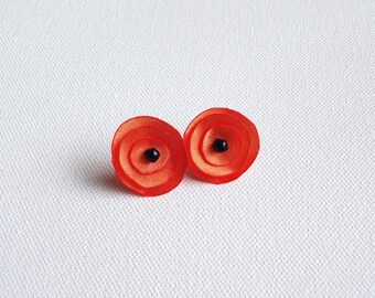 Orange Satin Stud Earrings, Tiny Orange Fabric Earrings,
