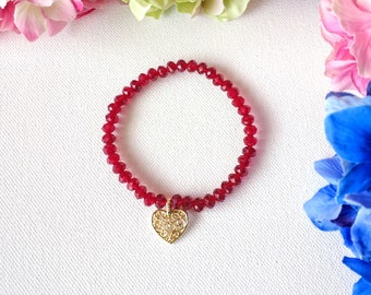 Handmade Crystal Red Bracelet with Heart Charm, Woman Bracelet, Girl Bracelet