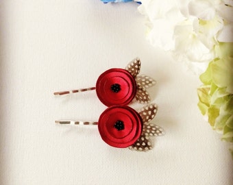 Set of 2 Mini Red Handmade Satin Fabric Poppies with Feathers Hair Pins, Baby Snap Clips,Shoe Clips