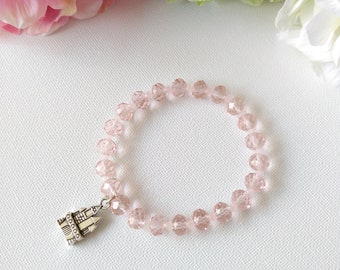 Crystal Handmade Pale Pink Stretch Bracelet with Charm, Woman Bracelet, Girl Bracelet
