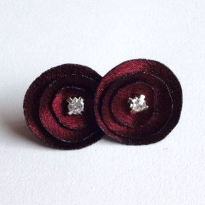 Dark Red Satin Stud Earrings, Tiny Dark Red Fabric Earrings,