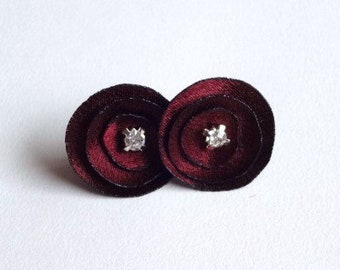 Dark Red Satin Stud Earrings, Tiny Dark Red Fabric Earrings,