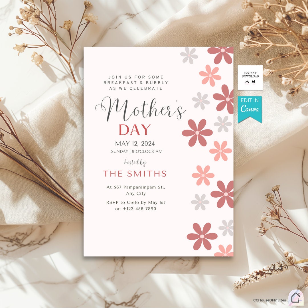Mother's Day Pink Printable Invitations Card, Editable Pink Floral ...