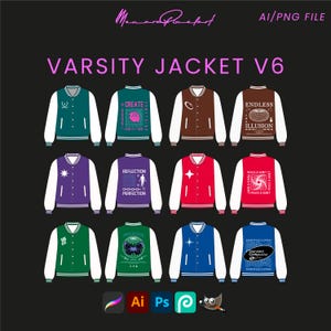 Peut inclure: Ensemble de dix motifs de vestes de baseball avec différents imprimés graphiques. Les vestes sont blanches avec des manches bleues, rouges, vertes, violettes et brunes. Les motifs comprennent des textes tels que "Create", "Reflection", "Endless Illusion", "Peace & Quiet" et "Essentials Living".