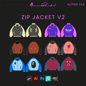 Op de afbeelding: Een set van 12 digitale illustraties van ritsjacks met verschillende ontwerpen. De jacks zijn in verschillende kleuren, waaronder zwart, wit, rood, blauw, groen en roze. De ontwerpen omvatten vlammen, vlinders, rozen en de woorden "The Fate".