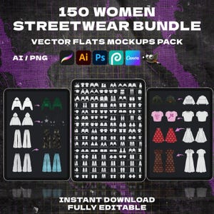 150 Women Female Item Mockup Streetwear Vector Mock up pack Mockups Clothes Brand Tech Pack Canva Templates Editable Designs AI and Png File
