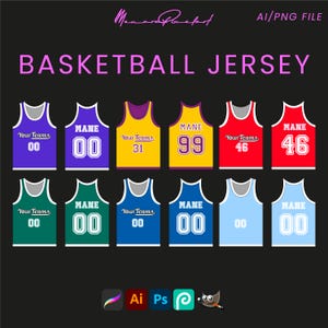 May include: A set of ten basketball jersey mockups in various colors, including purple, yellow, red, green, blue, and light blue. Each jersey features a white outline and the text "Your Teams" and "MANE" with a number.