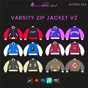 May include: Twelve different varsity zip jackets with various designs and colours. The jackets have white sleeves and a variety of colours for the body and the design on the front. The designs include a skull, a cartoon character, a logo, and a number.