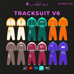 May include: A set of 10 tracksuit designs featuring different colour combinations and graphic prints. The designs include text such as "Darkness", "Vintage Mockup", "Sorrows", and "Escape".