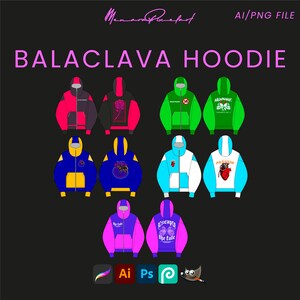 Mockup vettoriale di passamontagna con cappuccio, abbigliamento da strada, modelli di marca, pacchetto tecnico di modelli Canva, design completamente modificabile, file AI e PNG.
