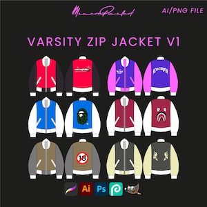 Puede incluir: Un conjunto de 10 chaquetas de cremallera de estilo universitario con diferentes combinaciones de colores y diseños. Las chaquetas tienen una base blanca con mangas de colores y un bolsillo de color contrastante. Los diseños incluyen texto, logotipos y gráficos. Las chaquetas están etiquetadas como "Varsity Zip Jacket V1".