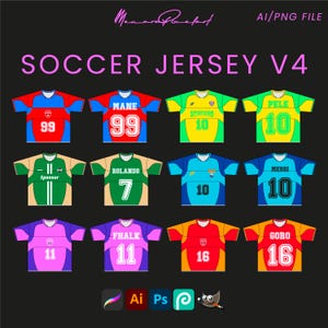 May include: A set of ten soccer jersey designs featuring different player names and numbers. The jerseys are in various colors, including red, blue, green, yellow, and purple. The jerseys are all in a standard soccer jersey style with short sleeves and a V-neck.