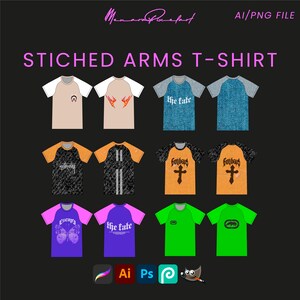 Può includere: Un set di 10 design di t-shirt con diverse stampe grafiche e combinazioni di colori. Le t-shirt hanno le maniche cucite e sono visualizzate su uno sfondo nero. I design includono fiamme, una croce, una farfalla e le parole "the fate" e "cowboys".