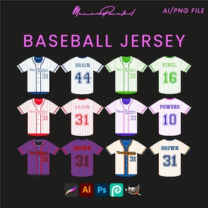 May include: A set of 10 baseball jersey mockups with different colors and numbers. The jerseys have white stripes and the text "Your Teams" and "31" on the front. The numbers on the jerseys include 44, 16, 31, 10, and 31. The names on the jerseys include "BRAIN", "PIXEL", "POWERS", and "BROWN".
