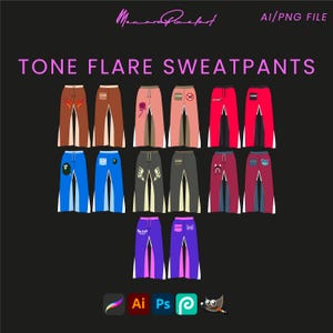 May include: Ten pairs of flared sweatpants in various colors and designs. The sweatpants have a white stripe down the side of each leg. The designs include a rose, a flame, a skull, a butterfly, and a graphic of a cartoon character. The text "Tone Flare Sweatpants" is at the top of the image.