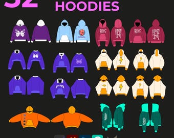 32 Hoodies Streetwear Vector Mock up pack Mockups Clothes Brands Tech Pack Canva Templates Editable Designs AI and Png File Tech