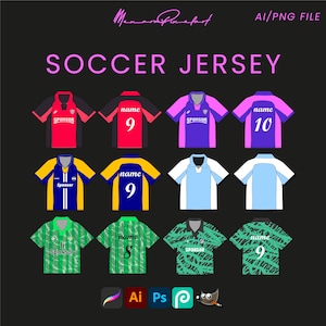 May include: Nine different soccer jersey designs with various colors and patterns. The jerseys feature the words "name" and "sponsor" along with numbers 8, 9, and 10.