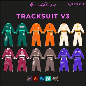 May include: Ten different designs of tracksuits with various colors and graphic prints. The tracksuits are cropped and feature a jacket and pants. The designs include "Darkness", "Escure", "The Talk", "Sourdough", "Butterfly", "Lightning", and more.