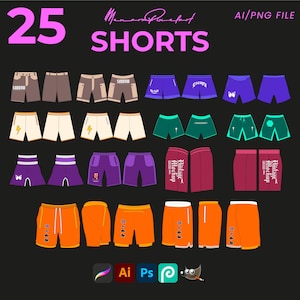 May include: A set of 25 different designs for men's shorts. The shorts are in various colors and patterns, including solid colors, stripes, and graphic prints. The shorts are all in a casual style and would be suitable for a variety of occasions.