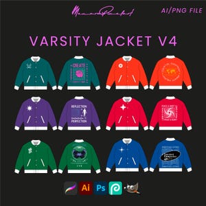 May include: Twelve varsity jacket designs featuring a variety of graphic prints. The jackets are in a range of colours, including red, blue, green, purple, and white. The graphics include text, geometric shapes, and abstract designs.