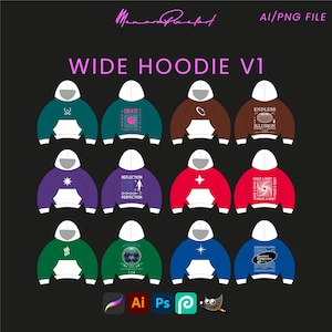 Wide Hoodie V1 Streetwear Vector Mock up pack Mockups Clothes Brand Tech Pack Canva Templates Fully Editable Designs AI and Png File Mockups