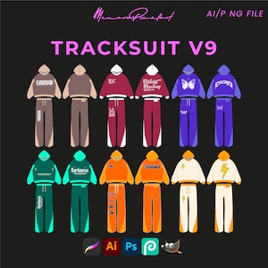 Tracksuit V9 Wide Hoodie With Oversized Flare Pants StreetWear Vector Mockup Pack Streetwear Template Bundle AI Png File Tech Clothing Brand