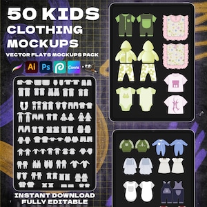 May include: Digital mockups of children's clothing, including onesies, shirts, and dungarees. The image features the text "50 KIDS CLOTHING MOCKUPS" and "VECTOR FLATS MOCKUPS PACK." The designs are fully editable and available for instant download.