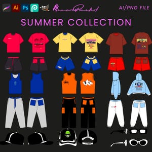 Summer Collection StreetWear Vector Mockup Pack Streetwear Mockups Templates Bundle Fashio AI and Png Files Tech Designs For Clothing Brands