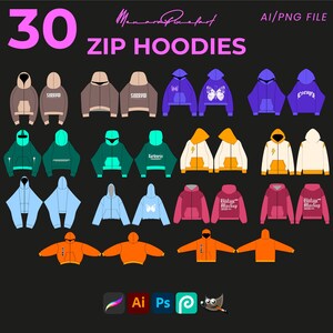 May include: A collection of 30 zip hoodies in various colors, including brown, purple, green, blue, pink, orange, and white. Each hoodie design is displayed with a front view, showcasing the hood, pockets, and zipper. The image includes text that reads "ZIP HOODIES".