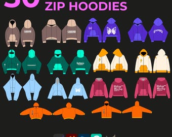 30 Zip Hoodies Streetwear Vector Mock up pack Mockups Clothes Brands Tech Pack Canva Templates Editable Designs AI and Png File Tech