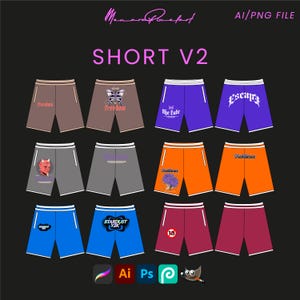 May include: Ten different designs of men's athletic shorts with various graphic prints. The shorts are all in different colors, including brown, gray, purple, blue, orange, and red. The prints include butterflies, a devil, a tree, and text.