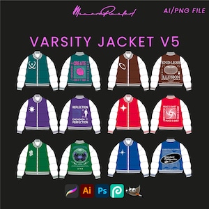 May include: Ten different varsity jackets with various designs. The jackets are white, green, blue, red, purple, brown, and teal. The designs include geometric shapes, text, and illustrations. The text on the jackets includes "Create", "Endless Illusion", "Reflection Perfection", "Peace & Quiet", and "Essentials Living Standard Composites".