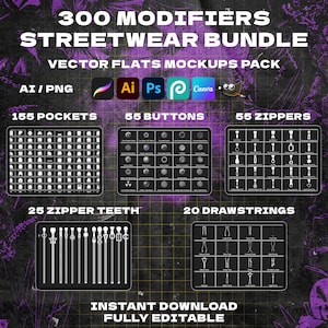 300 Modifiers Pockets Streetwear Vector Mock up pack Mockups Clothes Brands Tech Pack Canva Templates Editable Designs AI and Png File Tech