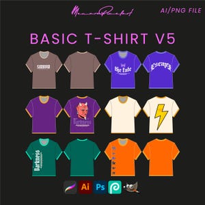 Könnte beinhalten: Ein Set aus zehn einfachen T-Shirt-Designs mit verschiedenen Farben und grafischen Drucken. Die Designs beinhalten ein lila T-Shirt mit dem Wort "Darkness" in gotischer Schrift, ein braunes T-Shirt mit dem Wort "Sorrow" in Weiß, ein lila T-Shirt mit einem Blitz-Motiv, ein grünes T-Shirt mit dem Wort "Darkness" in gotischer Schrift, ein cremefarbenes T-Shirt mit einem gelben Blitz-Motiv, ein lila T-Shirt mit dem Wort "Escape" in Weiß, ein braunes T-Shirt, ein cremefarbenes T-Shirt, ein orangefarbenes T-Shirt mit den Worten "OR Be the Nice" in Schwarz und ein lila T-Shirt mit den Worten "the fate" in Weiß.