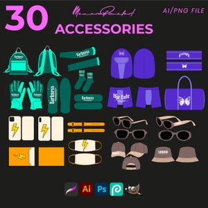 May include: A collection of 30 digital illustrations of accessories, including a backpack, gloves, a skateboard, a phone case, a face mask, sunglasses, a hat, and a duffel bag. The illustrations are in a variety of colors, including green, blue, purple, yellow, and orange. The text "Darkness" appears on some of the items.