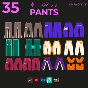 Puede incluir: Ilustración de 35 diseños de pantalones de varios colores, incluyendo marrón, morado, turquesa y naranja. Los diseños presentan diferentes estilos, como pantalones cargo y pantalones con detalles gráficos. La palabra "PANTS" está en rosa.