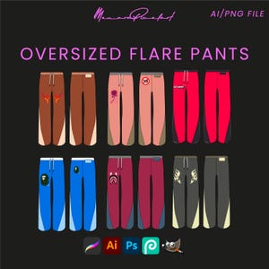 May include: A digital illustration of ten different pairs of oversized flare pants. The pants are in various colors and have different graphic designs on the legs. The designs include a rose, a skull, a flame, and a number "18".