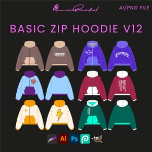Basic Zip Hoodie V12 Streetwear Vector Mock up pack Mockups Clothes Brands Tech Pack Canva Templates Fully Editable Designs AI and Png File