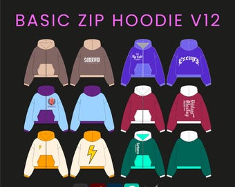 May include: A digital illustration of ten different zip-up hoodies with various colors and designs. The hoodies feature different text and graphic designs, including "SORROW", "The Cube", "Escape", "Vintage Glitch", "Darkness", and a lightning bolt.