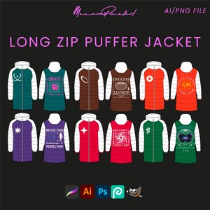 Könnte beinhalten: Ein Set aus zehn langen Reißverschluss-Steppjacken mit verschiedenen grafischen Designs. Die Jacken sind weiß und haben eine kontrastierende Farbe auf der Vorderseite und den Ärmeln. Die Designs beinhalten einen Stern, einen Schmetterling, einen Kreis, ein Gehirn, eine Spirale, eine Weltkarte und mehr.