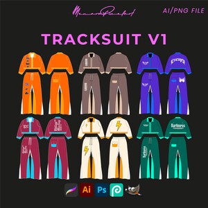 May include: Ten different tracksuit designs with various color combinations and graphic prints. Each tracksuit includes a cropped jacket and matching pants. The designs feature text like "Escape", "Darkness", and "Vintage Hunting", as well as lightning bolt and butterfly graphics.
