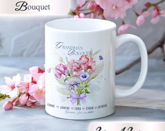 Tazza di fiori del mese di nascita per la nonna, tazza di mamma floreale personalizzata, tazza da giardino personalizzata della nonna, regalo per la festa della mamma per nonna, tazza di fiori personalizzata
