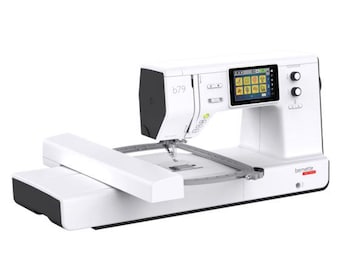 May include: A white Bernette b79 sewing and embroidery machine with a black accent on the side. It features a digital display screen and a silver embroidery hoop. The machine is designed for sewing and embroidery projects.