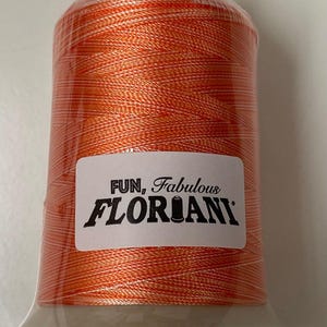 May include: A spool of orange embroidery thread with a white label that reads "FUN, Fabulous FLORIANI".